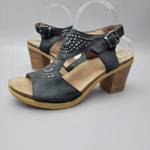 Dansko Deandra Studded Black Nubuck Block Heel Slingback Sandals Size 11.5 EU 42